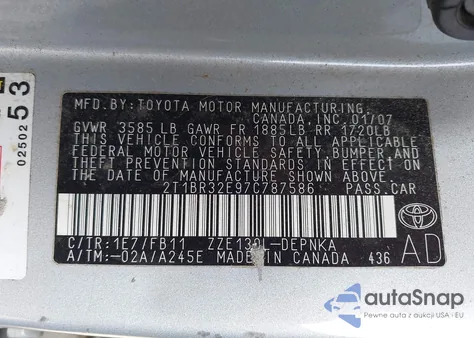 2007 Toyota Corolla Le from USA, damaged, VIN 2T1BR32E97C787586